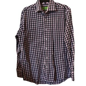 Bristol & Bull Fitted Shirt Men's Large Button Down Collared Pink Navy Plaid